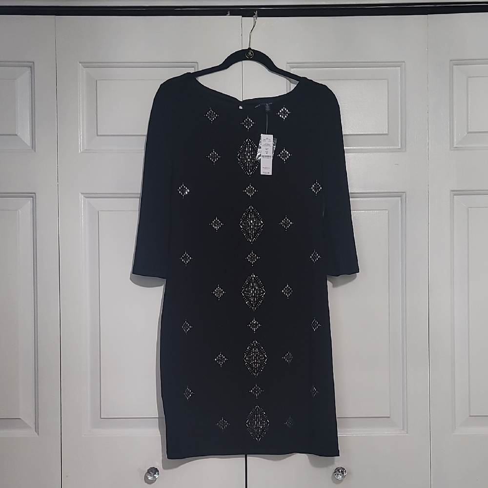White House Black Market Black Embellished Long-Sleeve Shift Dress
